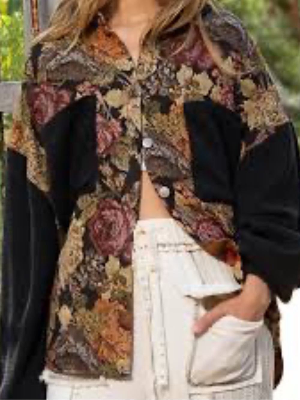 POL Floral Tapestry Button-Front Long Sleeve Shacket Top